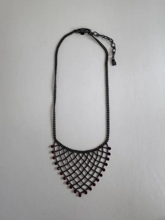 Givenchy Black Mesh Necklace Red Bead Fringe Gothic Bib Statement Signed - Picture 3 of 10